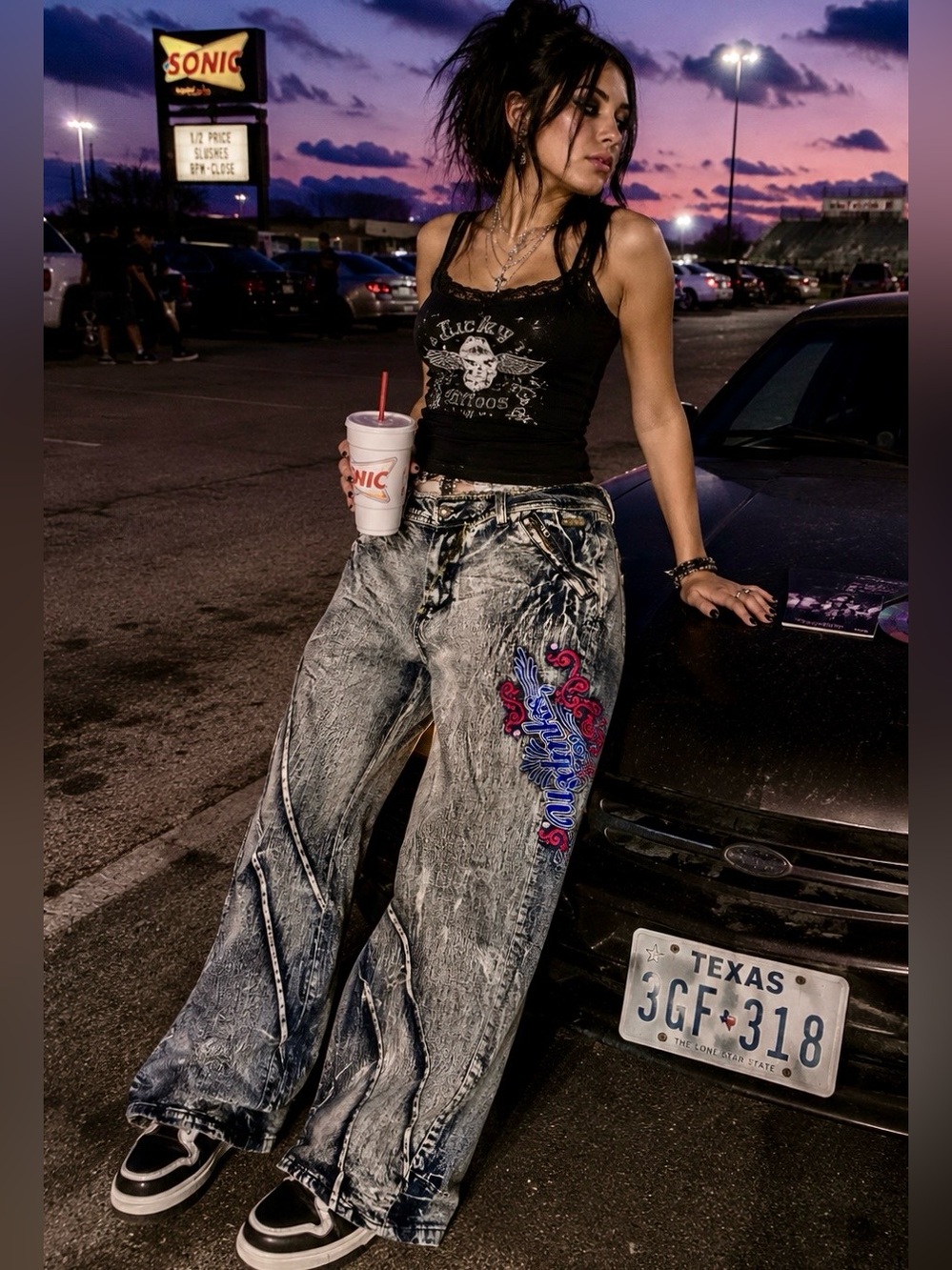 AKDMKS Y2K Acid Wash Embroidered Jeans Sz 17/18 Wide Leg Skater Goth Grunge